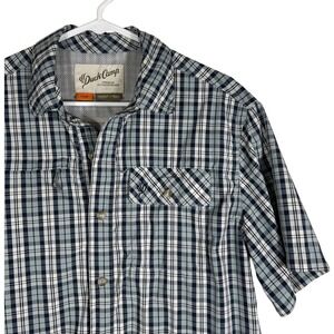 Duck Camp Mens Large Blue Plaid Short Sleeve Vented Fishing Hiking Shirt Stretch
